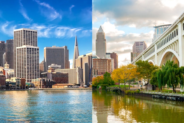 Side by side images of Los Angeles and Cleveland.